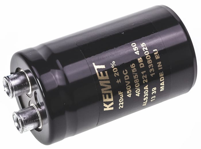 Kondenzátor, řada: ALS30 220μF ±20% 502mΩ 450V dc, Šroubová svorka Hliníkové elektrolytické KEMET