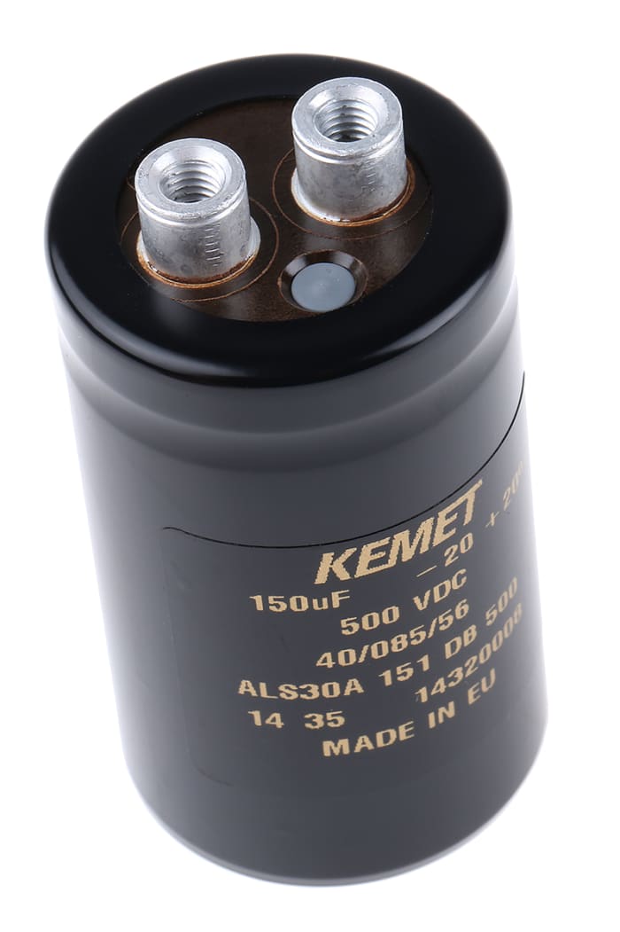 Condensador electrolítico KEMET serie ALS30, 150μF, ±20%, 500V dc, mont. roscado, 36 (Dia.) x 62mm