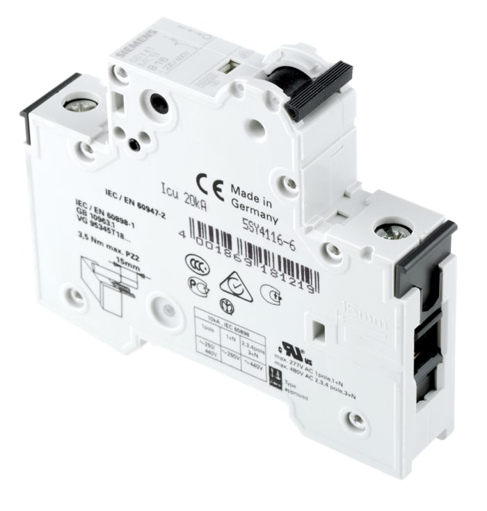 Siemens Sentron 5SY4 MCB, 1P, 16A Curve B, 400V AC, 10 kA Breaking Capacity