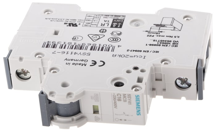 Interruptor automático 1P, 16A, Curva Tipo C, Poder de corte 10 kA 5SY41167, Sentron, Montaje en Carril DIN