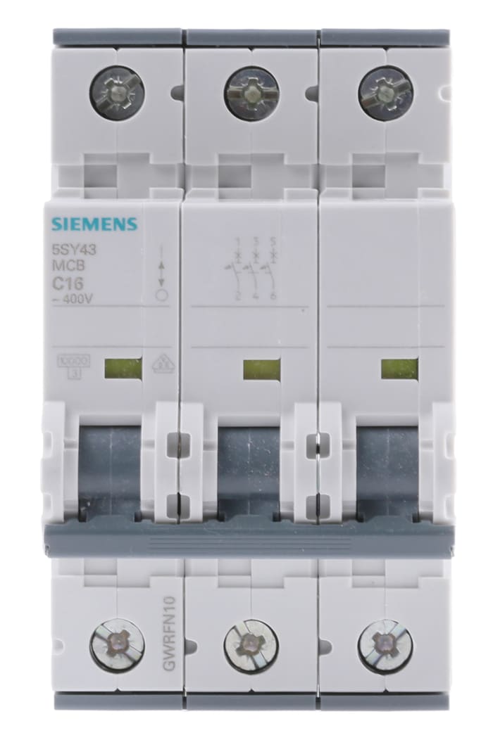 Siemens Sentron 5SY4 MCB, 3P, 16A Curve C, 400V AC, 10 kA Breaking Capacity