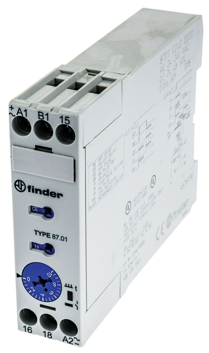Finder 87 Series Series DIN Rail Mount Time Delay Relay, 24 → 240 V ac, 24 → 48V dc, 1-Contact, 0.05-10