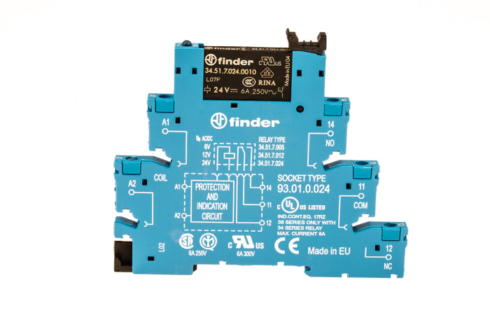 Finder 38 Series Interface Relay, DIN Rail Mount, 24V ac/dc Coil, SPDT, 1-Pole