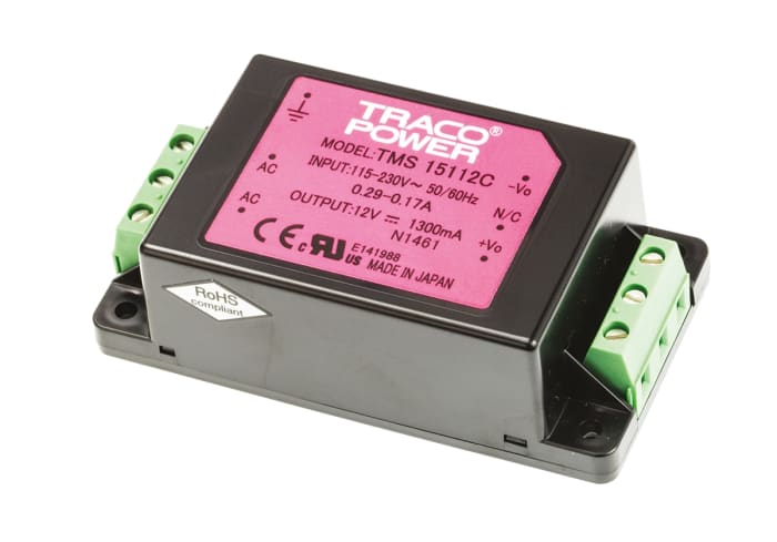 TRACOPOWER Embedded Switch Mode Power Supply SMPS, TMS 15112C, 12V dc, 1.3A, 15W, 1 Output, 110 → 375 V dc, 85