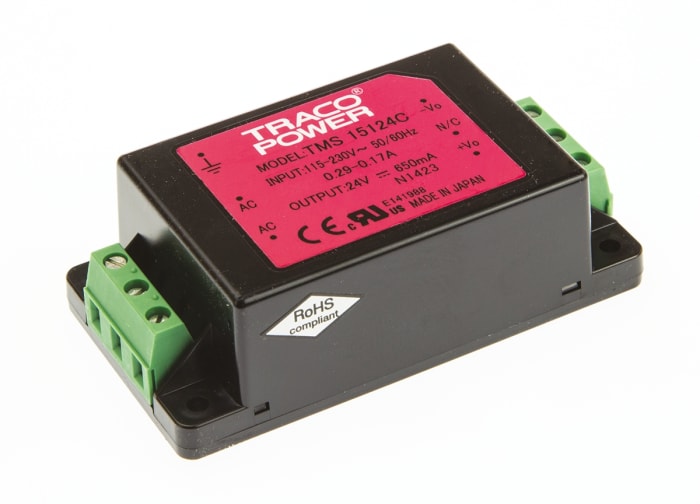 TRACOPOWER Embedded Switch Mode Power Supply SMPS, TMS 15124C, 24V dc, 650mA, 15W, 1 Output, 110 → 375 V dc, 85