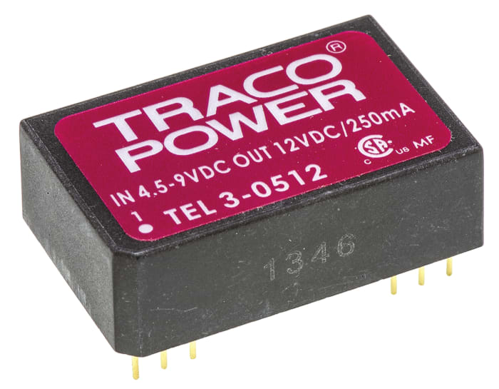 TRACOPOWER TEL 3 DC-DC Converter, 12V dc/ 250mA Output, 4.5 → 9 V dc Input, 3W, Through Hole, +85°C Max Temp