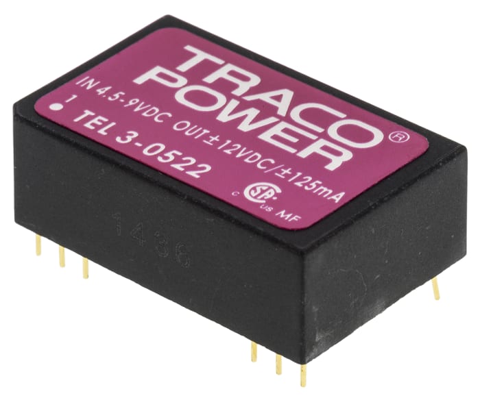 TRACOPOWER TEL 3 DC-DC Converter, ±12V dc/ ±125mA Output, 4.5 → 9 V dc Input, 3W, Through Hole, +85°C Max Temp