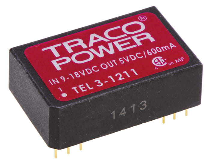 TRACOPOWER TEL 3 DC-DC Converter, 5V dc/ 600mA Output, 9 → 18 V dc Input, 3W, Through Hole, +85°C Max Temp -40°C