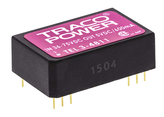 TRACOPOWER TEL 3 DC-DC Converter, 5V dc/ 600mA Output, 36 → 75 V dc Input, 3W, Through Hole, +85°C Max Temp