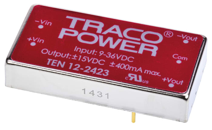 TRACOPOWER TEN 12 DC-DC Converter, ±15V dc/ ±400mA Output, 9 → 36 V dc Input, 12W, +85°C Max Temp -40°C Min Temp