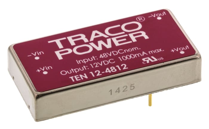 TRACOPOWER TEN 12 DC-DC Converter, 12V dc/ 1A Output, 18 → 75 V dc Input, 12W, Through Hole, +85°C Max Temp
