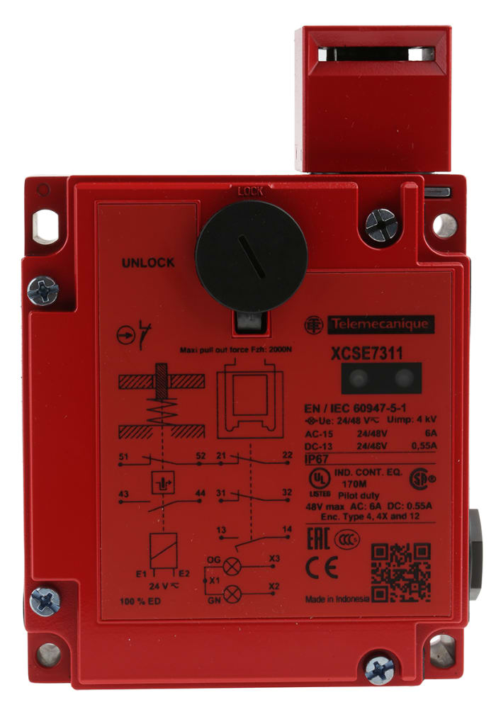 Telemecanique Sensors XCS-E Series Solenoid Interlock Switch, Power to Unlock, 24V ac/dc, Actuator Included