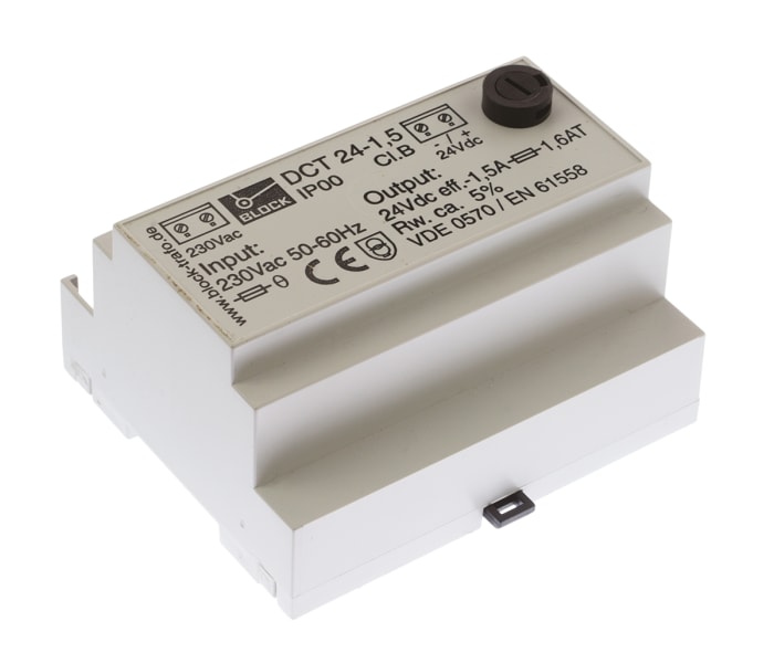 Block DCT Linear DIN Rail Power Supply, 230V ac ac Input, 24V dc dc Output, 1.5A Output, 36W