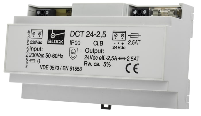 Block DCT Linear DIN Rail Power Supply, 230V ac ac Input, 24V dc dc Output, 2.5A Output, 60W