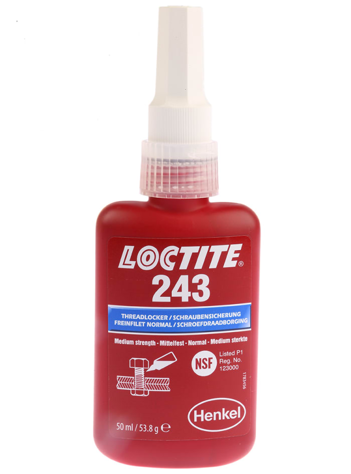 Fijador de roscas Loctite 243 de color Azul, Botella de 50 ml, cura 2 h