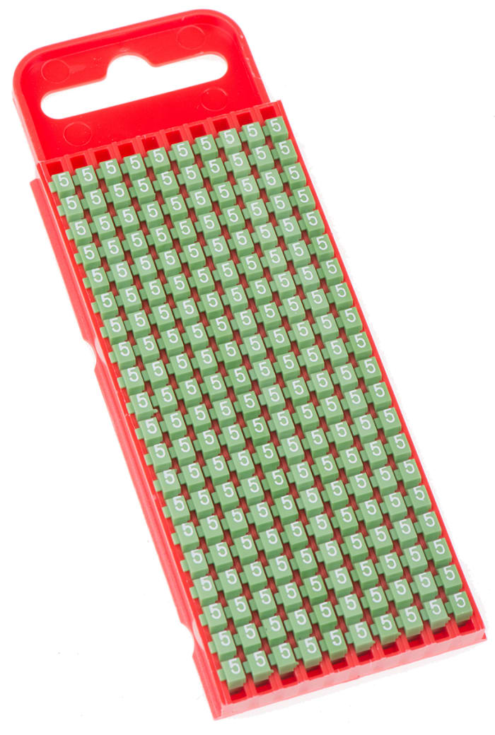 HellermannTyton WIC1 Snap On Cable Markers, Green, Pre-printed ""5"", 2 → 2.8mm Cable, 561-01655 WIC1-5-PA66-GN