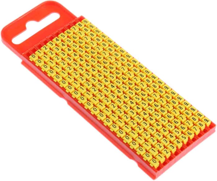 HellermannTyton WIC1 Snap On Cable Markers, Yellow, Pre-printed ""0 → 9"", 2 → 2.8mm Cable, 561-01101