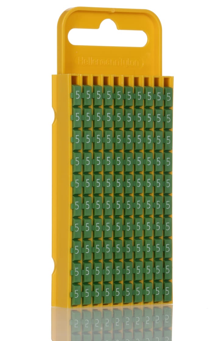 HellermannTyton WIC3 Snap On Cable Markers, Green, Pre-printed "5", 4.3 → 5.3mm Cable, 561-05045 WIC3-PA66-GN