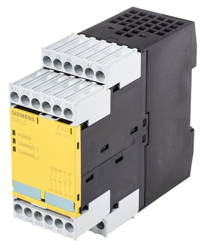 Relé de seguridad Siemens SIRIUS 3TK28 de 2 canales, para Bloqueo/interruptor de seguridad, 24V dc