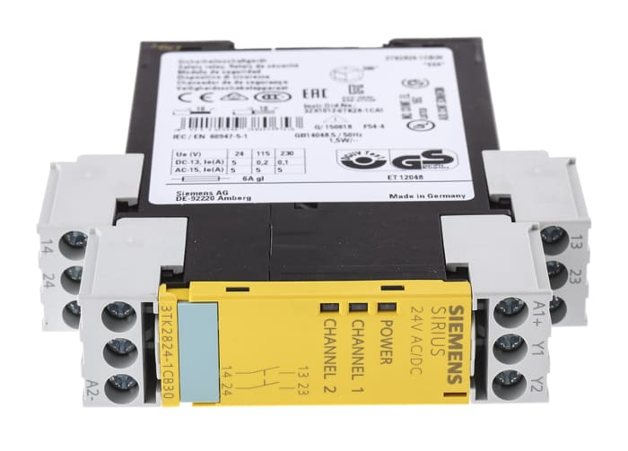 Relais de sécurité Siemens 3TK28, 24V c.a. / V c.c., 1 canal, 2 contacts de sécurité