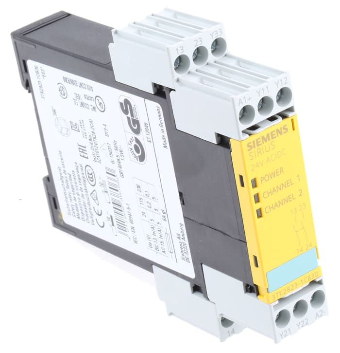 Relé de seguridad Siemens SIRIUS 3TK28 de 2 canales, para Bloqueo/interruptor de seguridad, 24V ac/dc