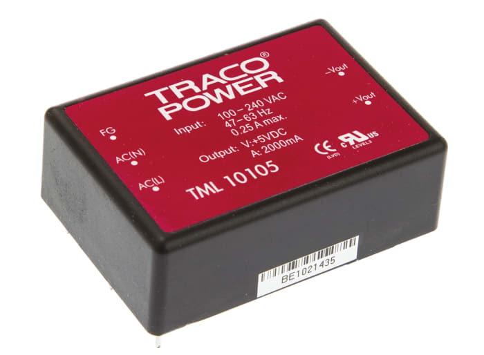 TRACOPOWER Embedded Switch Mode Power Supply SMPS, TML 10105, 5V dc, 2A, 10W, 1 Output, 85 → 264 V ac, 85