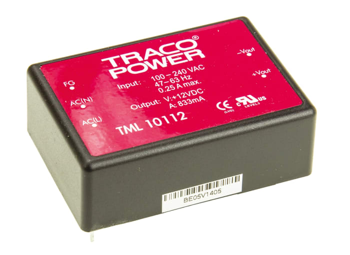 TRACOPOWER Embedded Switch Mode Power Supply SMPS, TML 10112, 12V dc, 833mA, 10W, 1 Output, 85 → 264 V ac, 85