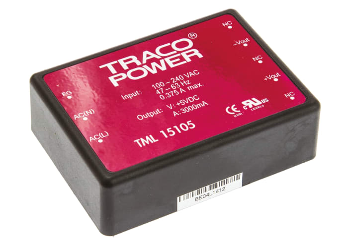TRACOPOWER Embedded Switch Mode Power Supply SMPS, TML 15105, 5V dc, 3A, 15W, 1 Output, 85 → 264 V ac, 85