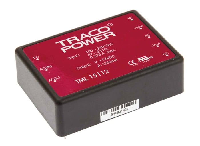 TRACOPOWER Switching Power Supply, TML 15112, 12V dc, 1.25A, 15W, 1 Output, 85 → 264 V ac, 85 → 370 V dc