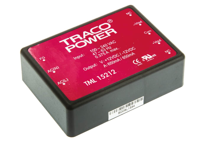 TRACOPOWER Embedded Switch Mode Power Supply SMPS, TML 15212, ±12V dc, 650mA, 15W, Dual Output, 85 → 264 V ac,