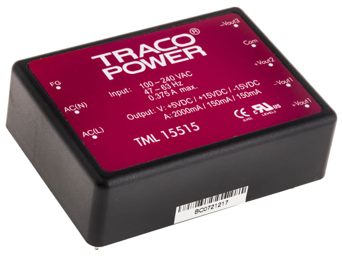 TRACOPOWER Embedded Switch Mode Power Supply SMPS, TML 15515, 5 V dc, ±15 V dc, 2 A, 150 mA, 15W, Triple Output, 85