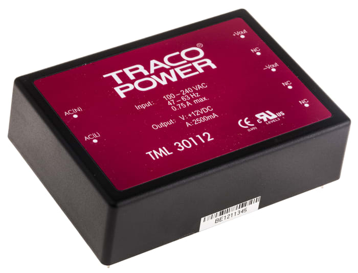 TRACOPOWER Embedded Switch Mode Power Supply SMPS, TML 30112, 12V dc, 2.5A, 30W, 1 Output, 100 → 370 V dc, 85