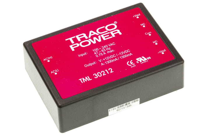 TRACOPOWER Embedded Switch Mode Power Supply SMPS, TML 30212, ±12V dc, 1.3A, 30W, Dual Output, 100 → 370 V dc,