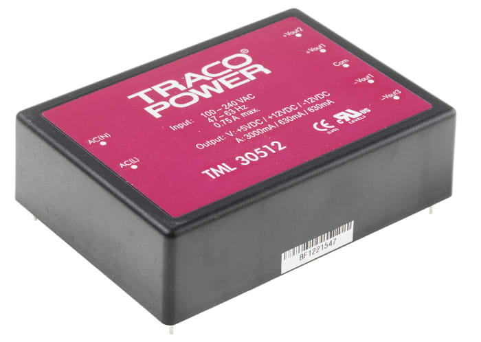 Fuente de alimentación conmutada TRACOPOWER, 5 V dc, ±12 V dc, 3 A, 630 mA, 30W, 3 salidas, Montaje en PCB