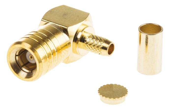 TE Connectivity, Jack Cable Mount SMB Connector, 50Ω, Crimp, Solder Termination, Right Angle Body