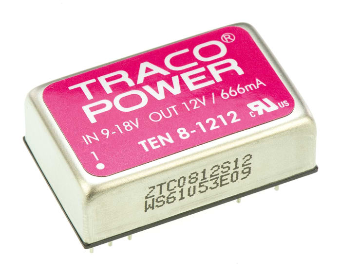 TRACOPOWER TEN 8 DC-DC Converter, 12V dc/ 666mA Output, 9 → 18 V dc Input, 8W, Through Hole, +85°C Max Temp