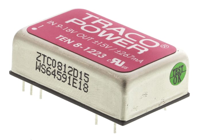 TRACOPOWER TEN 8 DC-DC Converter, ±15V dc/ ±265mA Output, 9 → 18 V dc Input, 8W, Through Hole, +85°C Max Temp