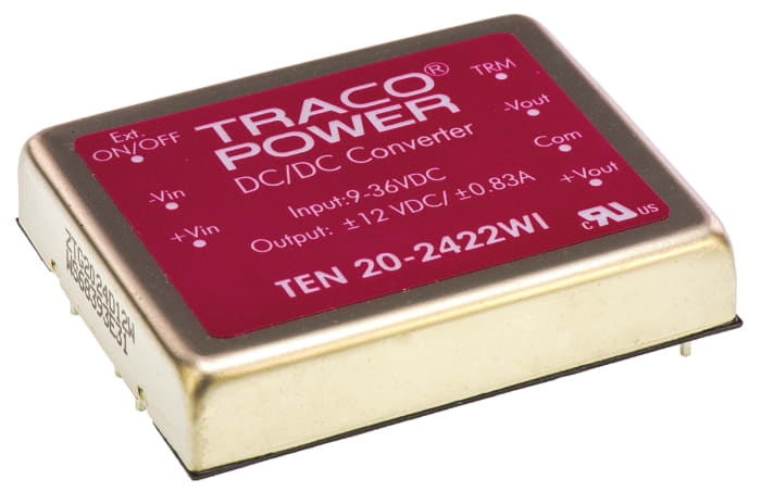 TRACOPOWER TEN 20WI DC-DC Converter, ±12V dc/ ±835mA Output, 9 → 36 V dc Input, 20W, Through Hole, +85°C Max