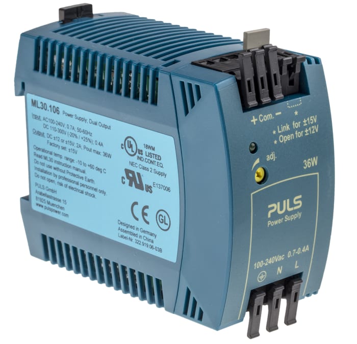 PULS MiniLine MLY Switched Mode DIN Rail Power Supply, 100 → 240V ac ac Input, ±12 V dc, ±15 V dc dc Output,