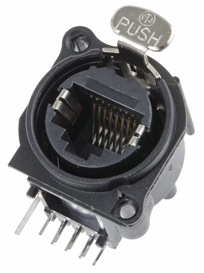 Konektor RJ45, řada: EtherCon, pravoúhlý, Průchozí otvor, Samice, počet portů: 1