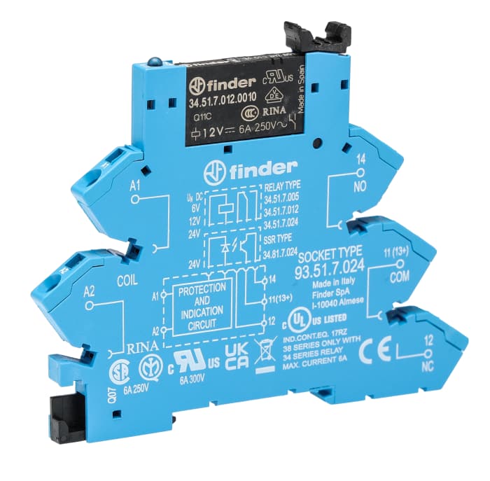 Finder 38 Series Interface Relay, DIN Rail Mount, 12V dc Coil, SPDT, 1-Pole