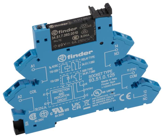 Finder 38 Series Interface Relay Module, DIN Rail Mount, 110V ac/dc Coil, SPDT, 1-Pole, 6/10A Load