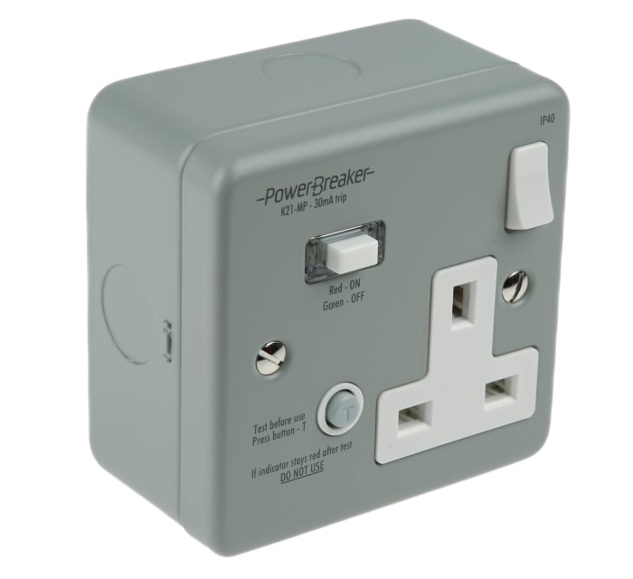 Conector hembra RCD Powerbreaker 1 módulo, 230 V ac, 13A con interruptor de color Gris