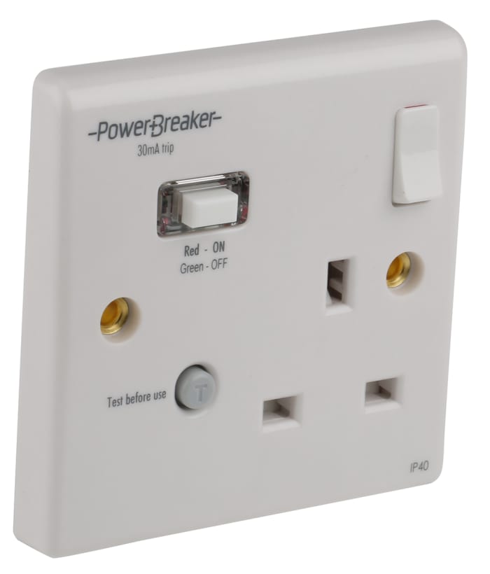 Powerbreaker PowerBreaker H 13A, BS Fixing, Passive, Single Gang RCD Socket, Polycarbonate, Surface Mount , Switched,