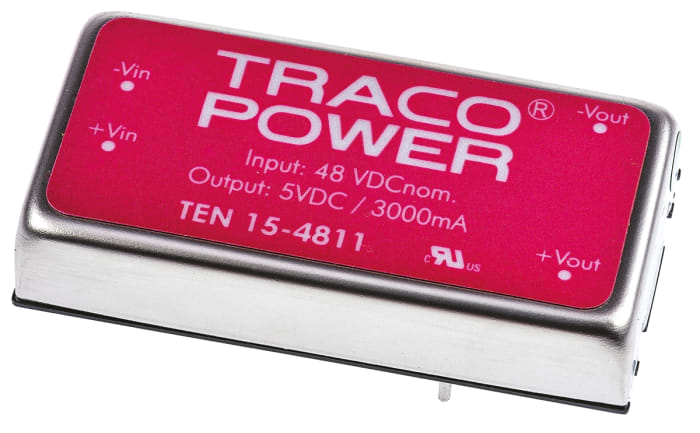 TRACOPOWER TEN 15 DC-DC Converter, 5V dc/ 3A Output, 36 → 75 V dc Input, 15W, Through Hole, +85°C Max Temp -40°C