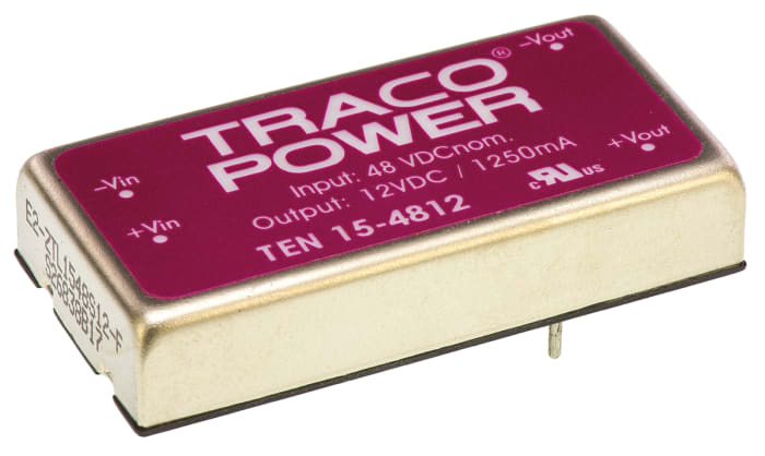 TRACOPOWER TEN 15 Isolated DC-DC Converter, 12V dc/ 1.25A Output, 36 → 75 V dc Input, 15W, Through Hole, +85°C