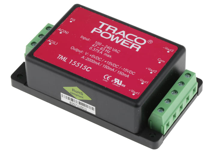 TRACOPOWER Embedded Switch Mode Power Supply SMPS, TML 15515C, 5 V dc, ±15 V dc, 2 A, 150 mA, 15W, Triple Output, 85