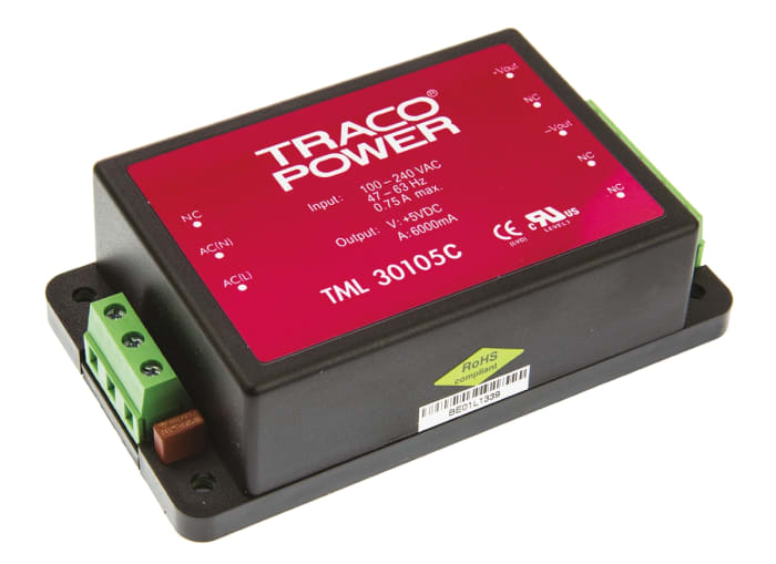TRACOPOWER Embedded Switch Mode Power Supply SMPS, TML 30105C, 5V dc, 6A, 30W, 1 Output, 100 → 370 V dc, 85