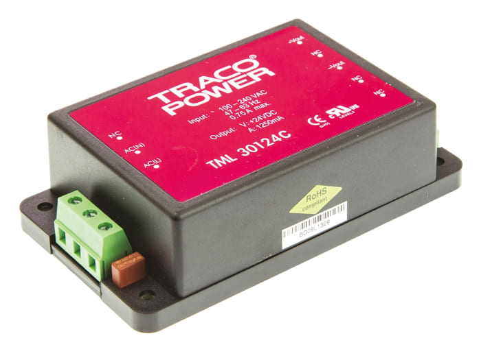 TRACOPOWER Embedded Switch Mode Power Supply SMPS, TML 30124C, 24V dc, 1.25A, 30W, 1 Output, 100 → 370 V dc, 85