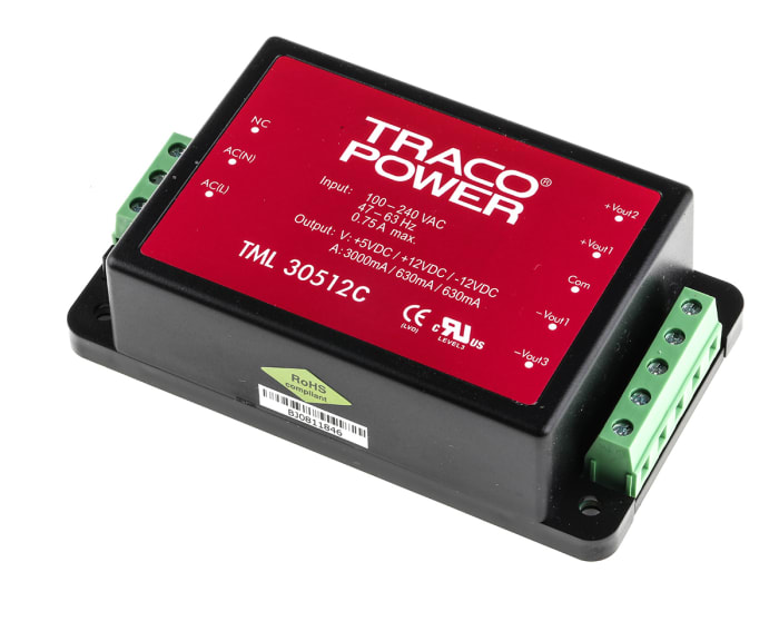 TRACOPOWER Embedded Switch Mode Power Supply SMPS, TML 30512C, 5 V dc, ±12 V dc, 3 A, 630 mA, 30W, Triple Output, 100